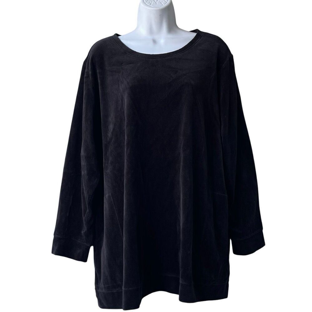Denim & Co. Velour Tunic Top Petite Size 2XP Black Long Sleeve Pockets Cozy
